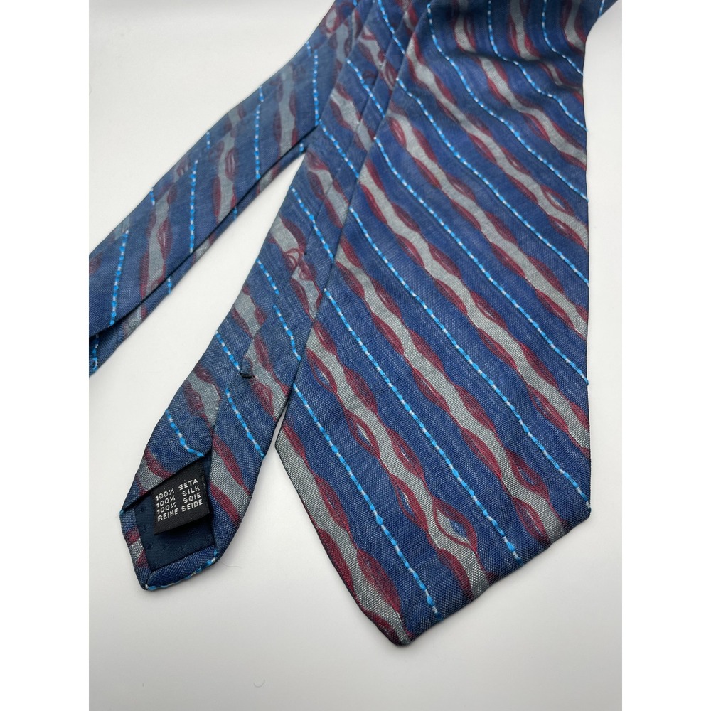Enrico Rossini Mens Silk Tie Blue Grey Burgundy Abstract Wave Stripe Made Italy